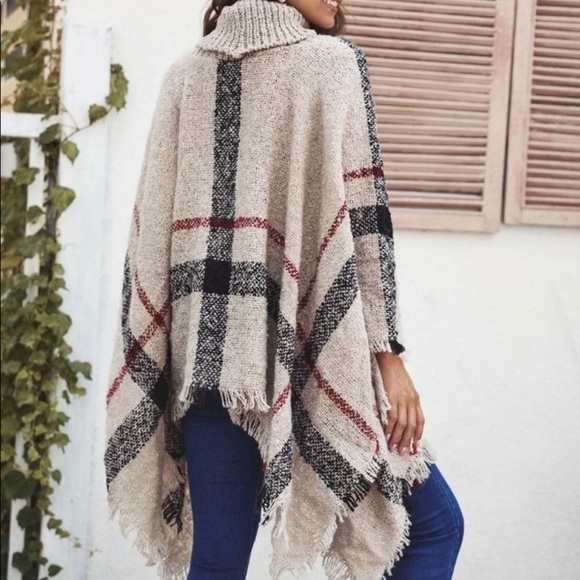 Plaid Turtleneck Fringe Women Poncho - Picture 2 of 5